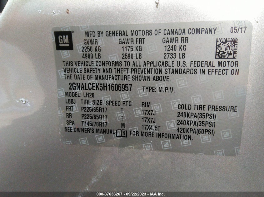 VIN 2GNALCEK5H1606957 2017 CHEVROLET EQUINOX LT