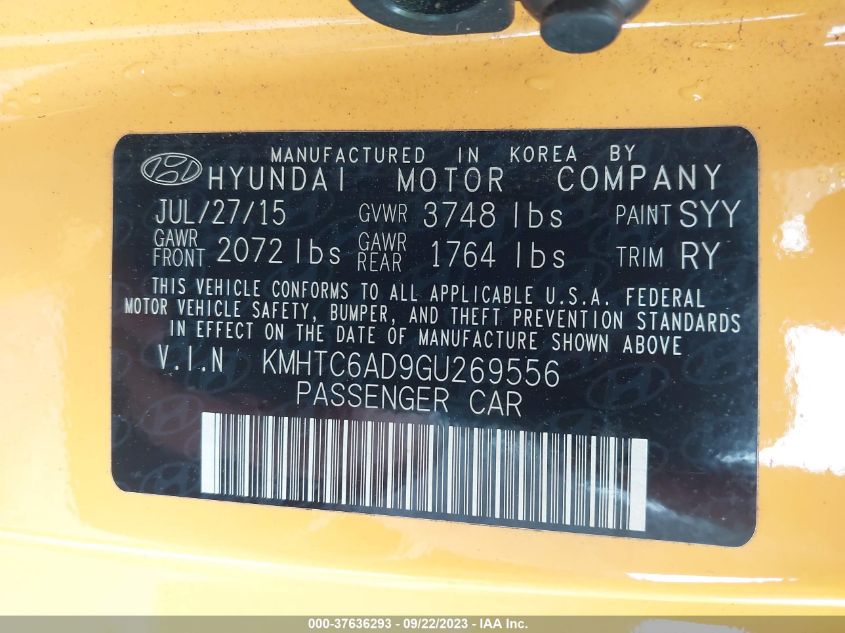 2016 HYUNDAI VELOSTER - KMHTC6AD9GU269556