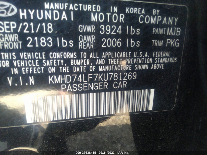 VIN KMHD74LF7KU781269 2019 HYUNDAI ELANTRA SE