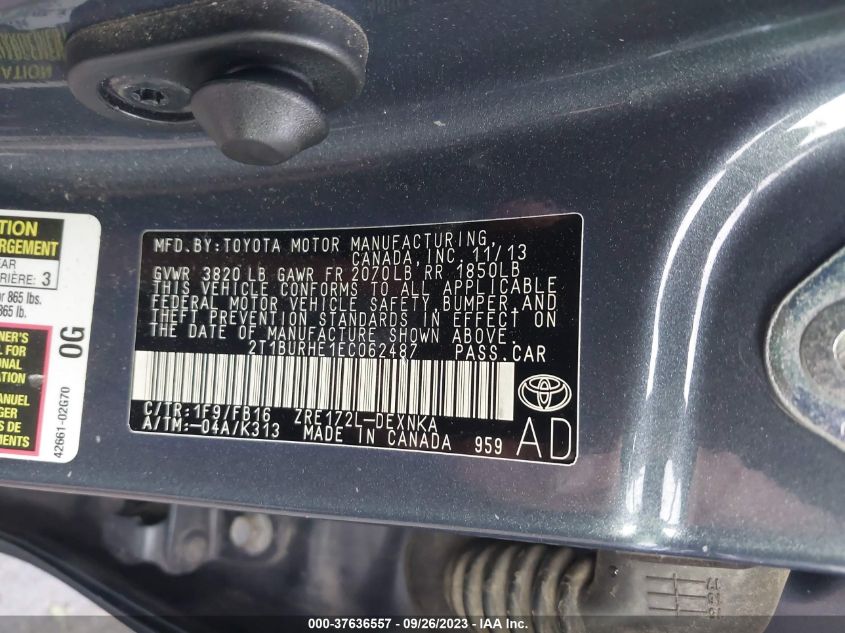 2014 TOYOTA COROLLA L/LE/S/S PLUS/LE PLUS - 2T1BURHE1EC062487