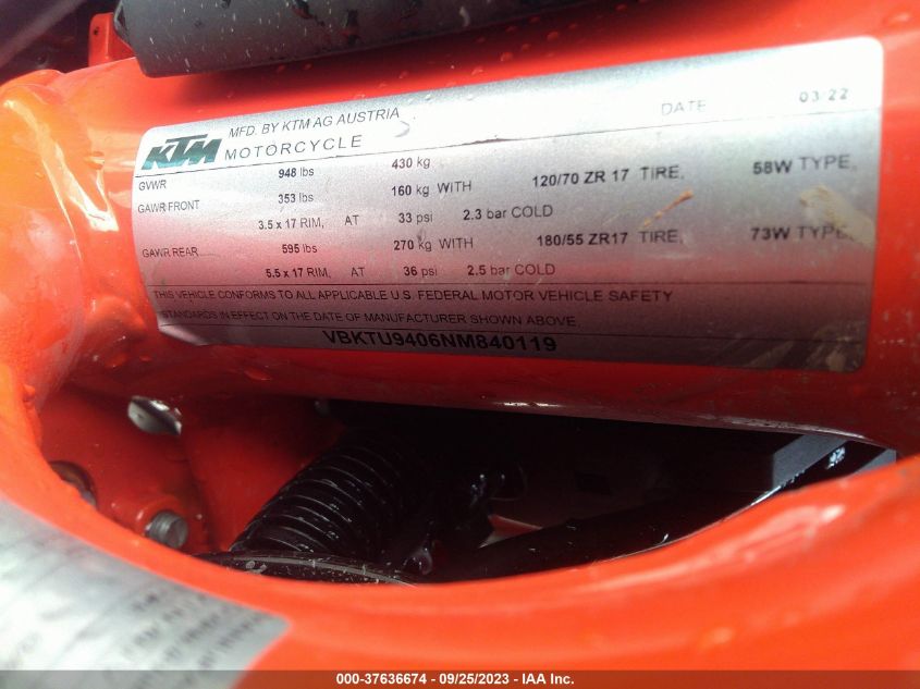 2022 KTM 890 DUKE R - VBKTU9406NM840119