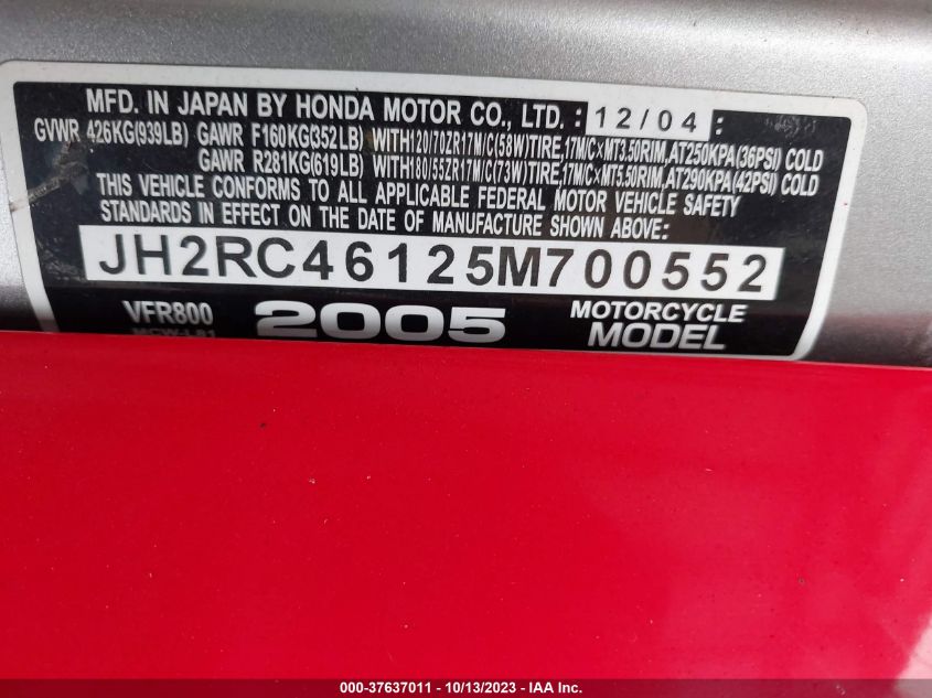2005 HONDA VFR800 JH2RC46125M700552