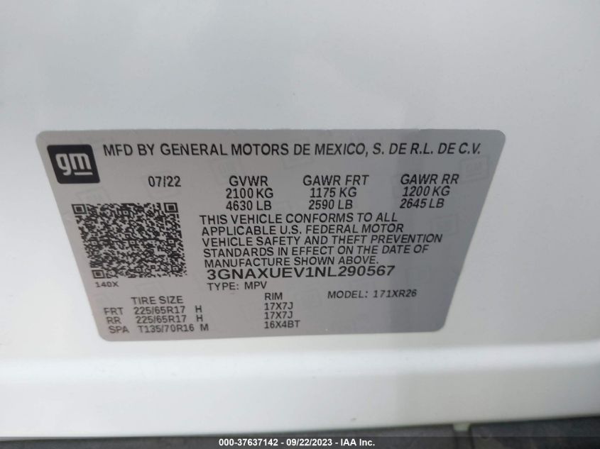 2022 CHEVROLET EQUINOX LT - 3GNAXUEV1NL290567