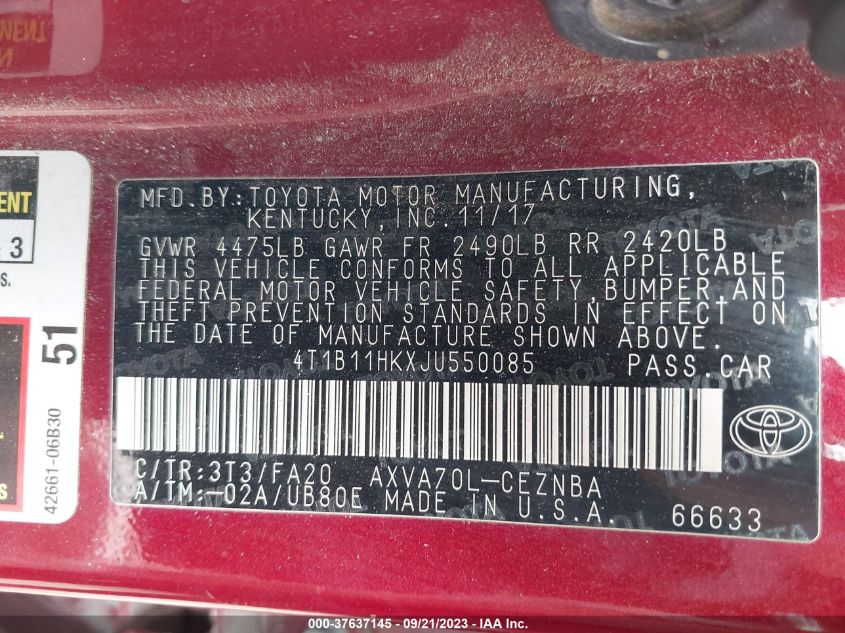 2018 TOYOTA CAMRY L/LE/XLE/SE/XSE - 4T1B11HKXJU550085