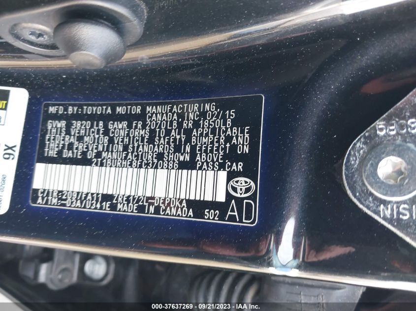 2015 TOYOTA COROLLA L/LE/S/S PLUS/LE PLUS - 2T1BURHE8FC370886