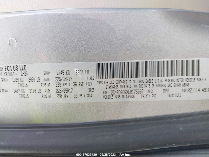 2020 DODGE GRAND CARAVAN SXT - 2C4RDGCGXLR175007