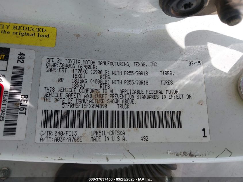 2015 TOYOTA TUNDRA 2WD TRUCK SR/SR5 - 5TFRM5F19FX094890