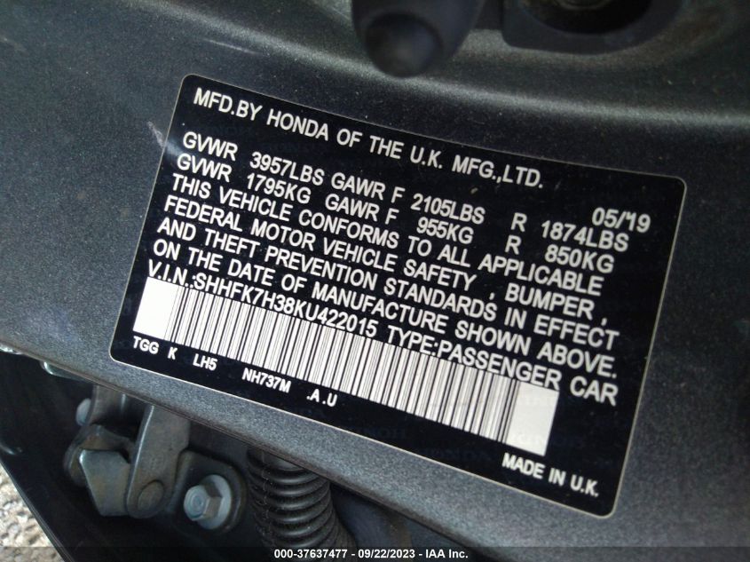 2019 HONDA CIVIC HATCHBACK LX - SHHFK7H38KU422015