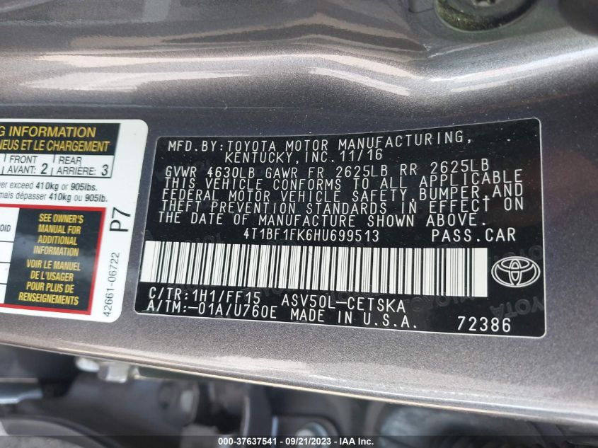 2017 TOYOTA CAMRY XLE/SE/LE/XSE - 4T1BF1FK6HU699513
