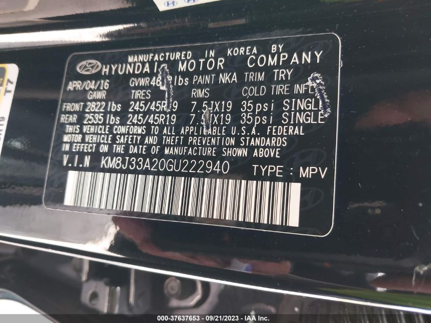 2016 HYUNDAI TUCSON LIMITED/SPORT AND ECO/SE - KM8J33A20GU222940