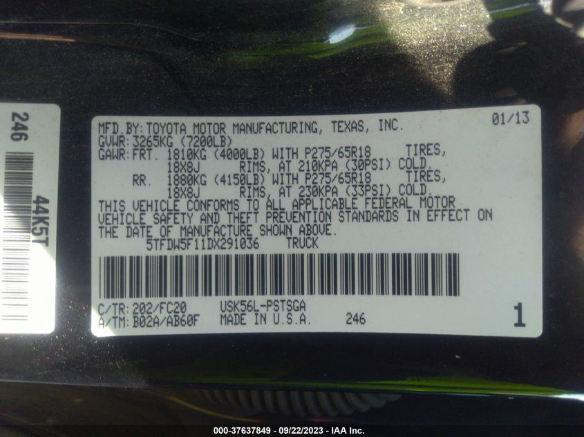 2013 TOYOTA TUNDRA 4WD TRUCK - 5TFDW5F11DX291036
