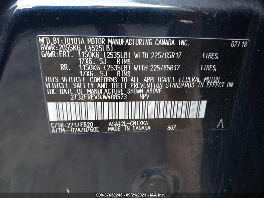VIN 2T3ZFREV9JW488523 2018 TOYOTA RAV4 LE