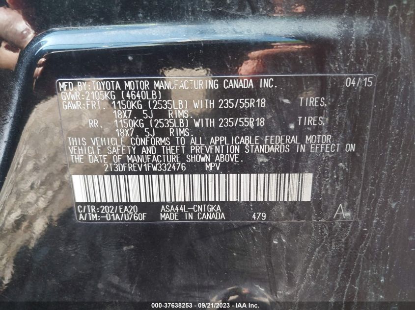 2015 TOYOTA RAV4 LIMITED - 2T3DFREV1FW332476