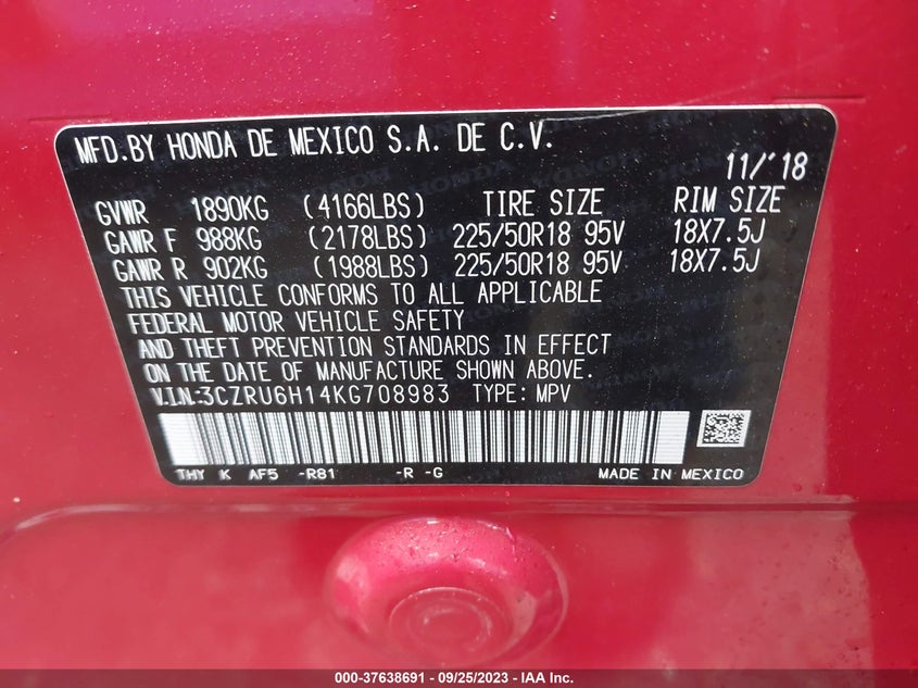 VIN 3CZRU6H14KG708983 2019 HONDA HR-V SPORT