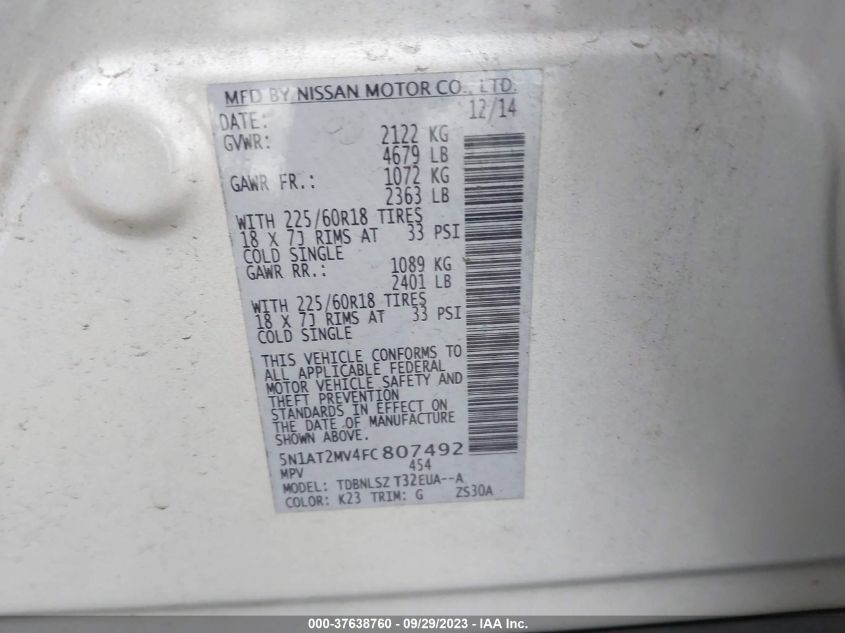 2015 NISSAN ROGUE SL - 5N1AT2MV4FC807492