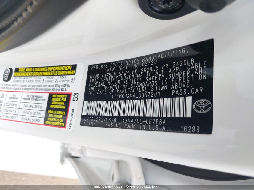 2020 TOYOTA CAMRY VIN: 4T1K61AK4LU367201