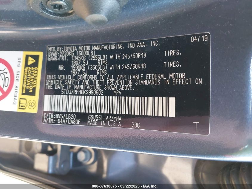 2019 TOYOTA HIGHLANDER SE/XLE - 5TDJZRFH6KS990602
