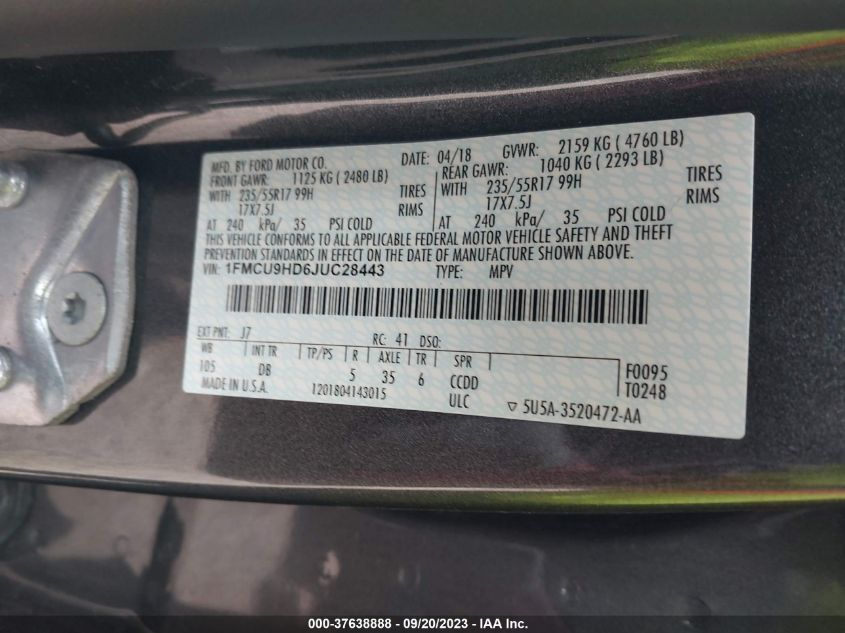 2018 FORD ESCAPE SEL - 1FMTU9HD6JUC28443