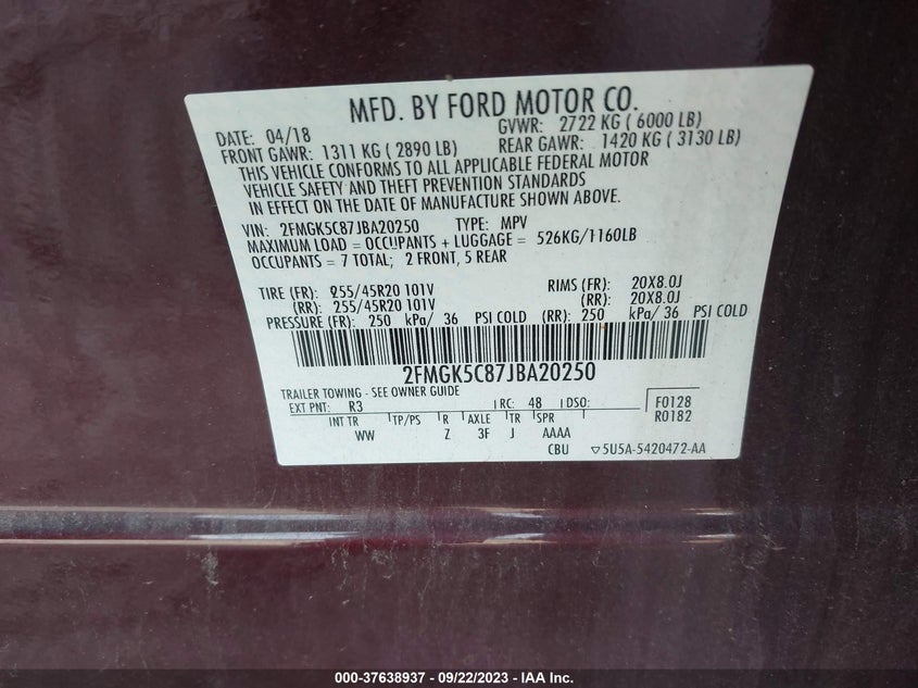 VIN 2FMGK5C87JBA20250 2018 FORD FLEX SEL