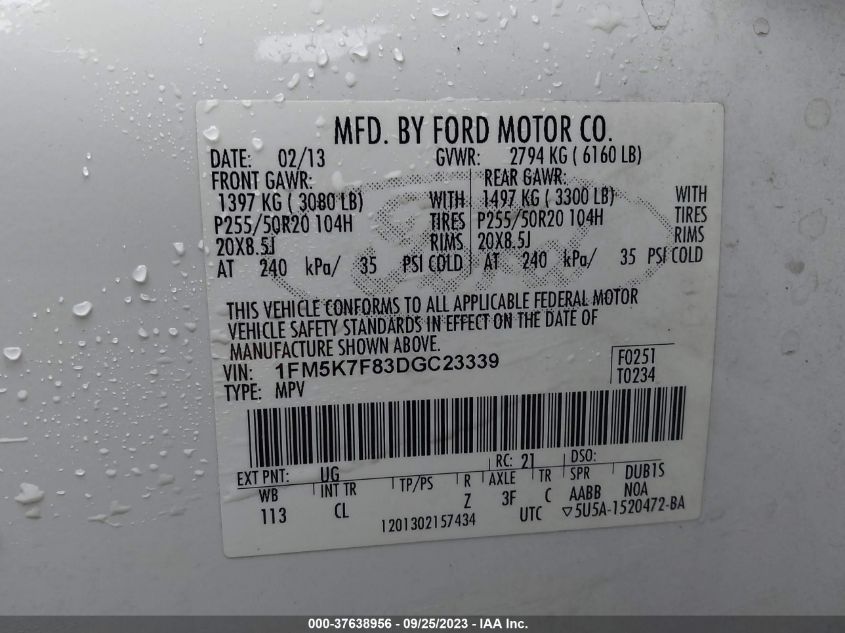 2013 FORD EXPLORER LIMITED - 1FM5K7F83DGC23339
