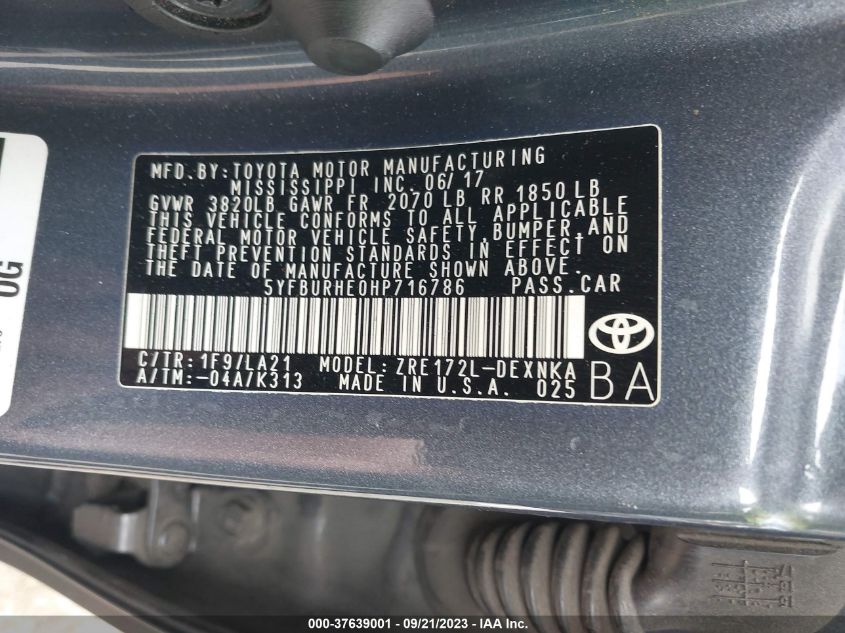 2017 TOYOTA COROLLA L/LE/XLE/SE - 5YFBURHE0HP716786