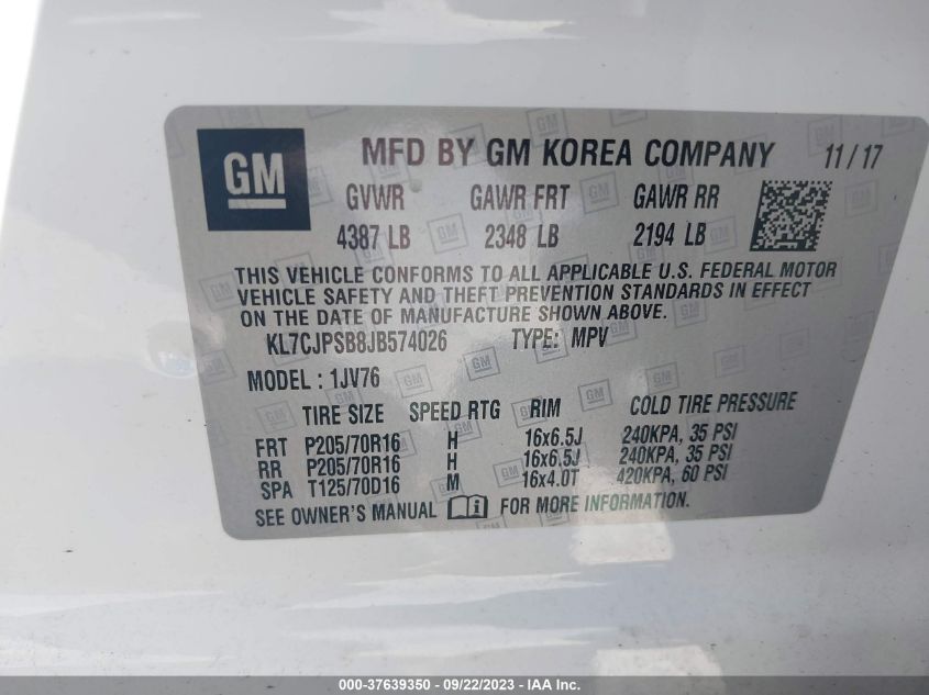 2018 CHEVROLET TRAX 1LT - KL7CJPSB8JB574026
