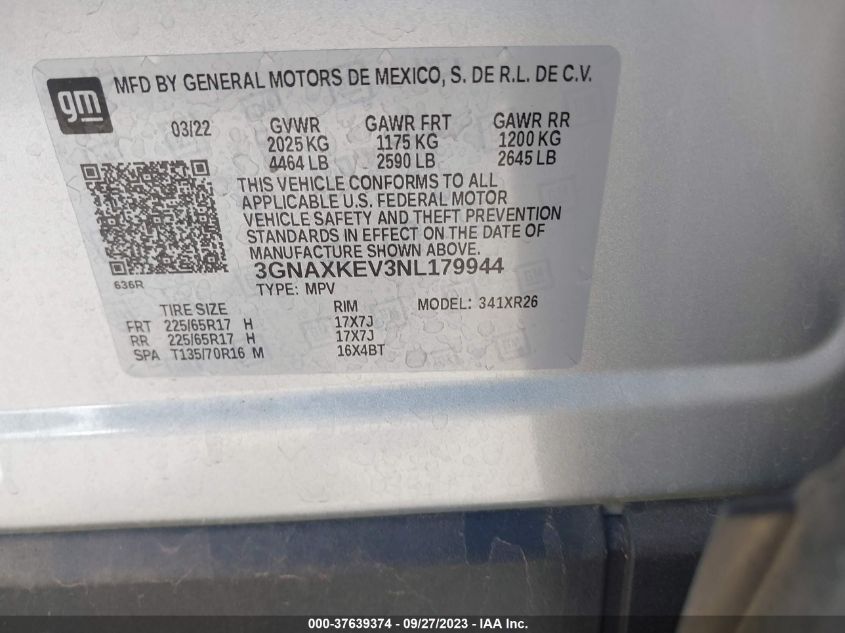 2022 CHEVROLET EQUINOX LT - 3GNAXKEV3NL179944