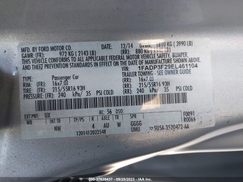 2014 FORD FOCUS SE - 1FADP3F29EL461104