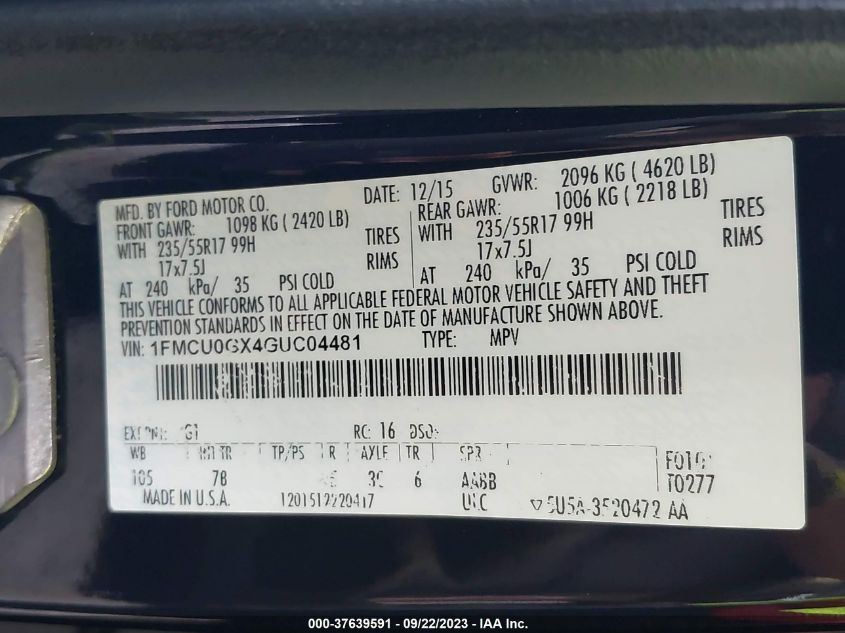 2016 FORD ESCAPE SE - 1FMCU0GX4GUC04481