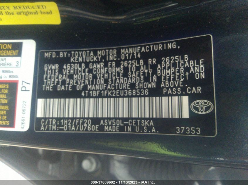2014 TOYOTA CAMRY L/LE/XLE/SE/SE SPORT - 4T1BF1FK2EU368536