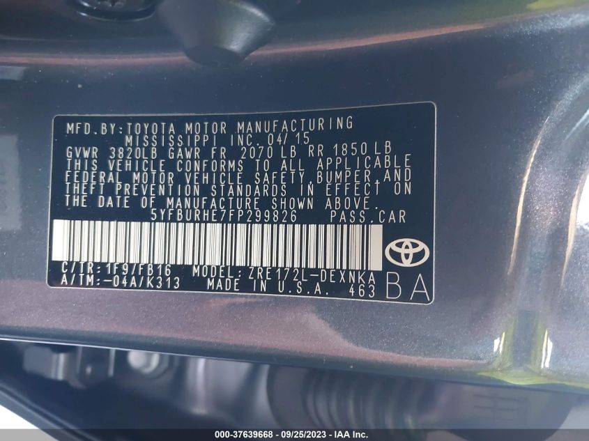 2015 TOYOTA COROLLA L/LE/S/S PLUS/LE PLUS - 5YFBURHE7FP299826