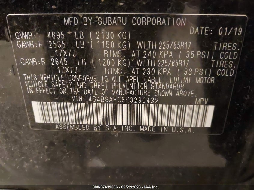 VIN 4S4BSAFC8K3290432 2019 SUBARU OUTBACK PREMIUM