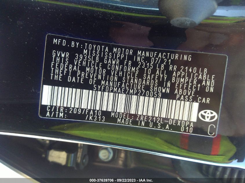 2021 TOYOTA COROLLA L - 5YFDPMAE7MP270059