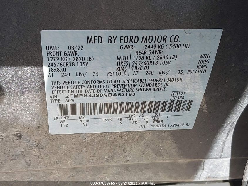 2FMPK4J90NBA52193 2022 FORD EDGE, photo no. 9