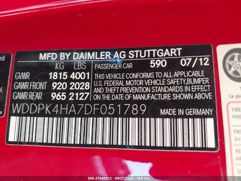 2013 MERCEDES-BENZ SLK-CLASS SLK 250 WDDPK4HA7DF051789