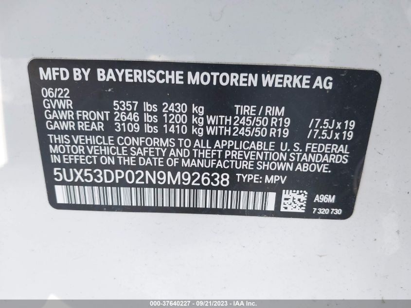 2022 BMW X3 XDRIVE30I - 5UX53DP02N9M92638