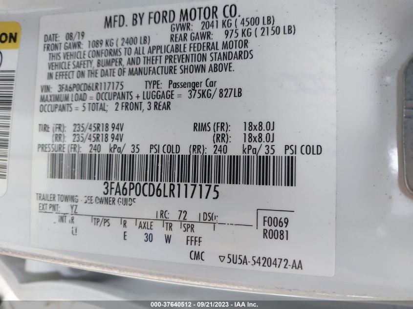 3FA6P0CD6LR117175 2020 FORD FUSION, photo no. 9