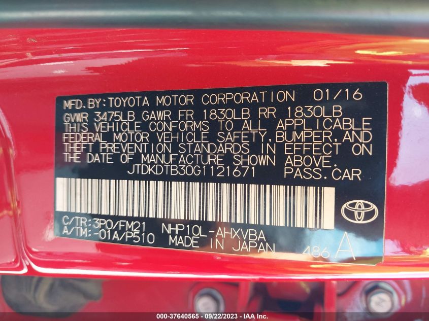 2016 TOYOTA PRIUS C ONE/TWO/THREE/FOUR - JTDKDTB30G1121671