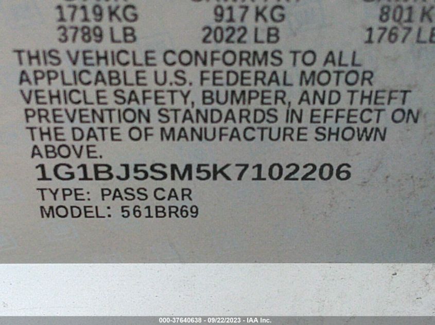 2019 CHEVROLET CRUZE - 1G1BJ5SM5K7102206