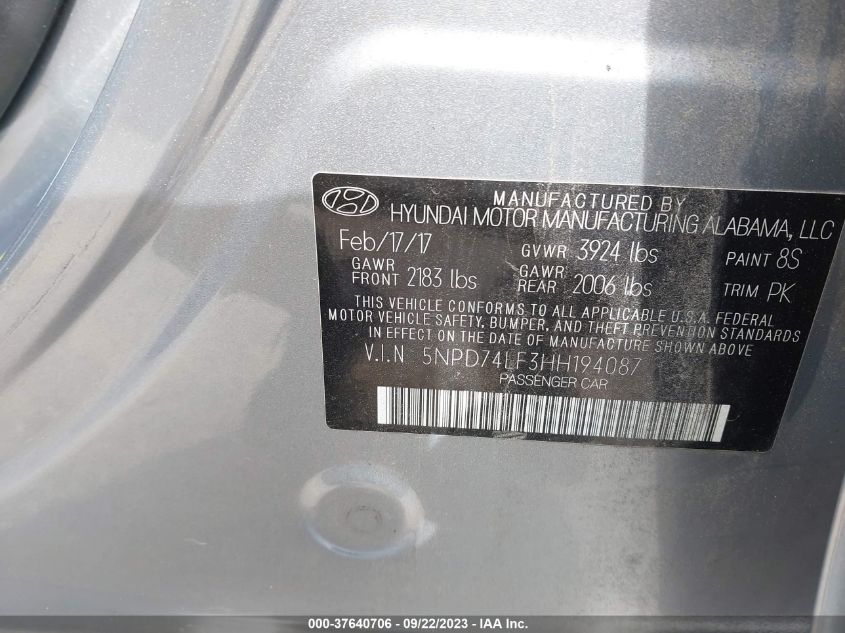 2017 HYUNDAI ELANTRA SE - 5NPD74LF3HH194087