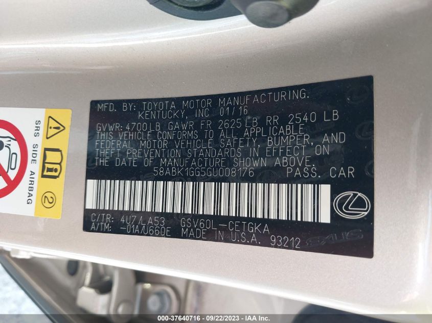 2016 LEXUS ES 350 - 58ABK1GG5GU008176