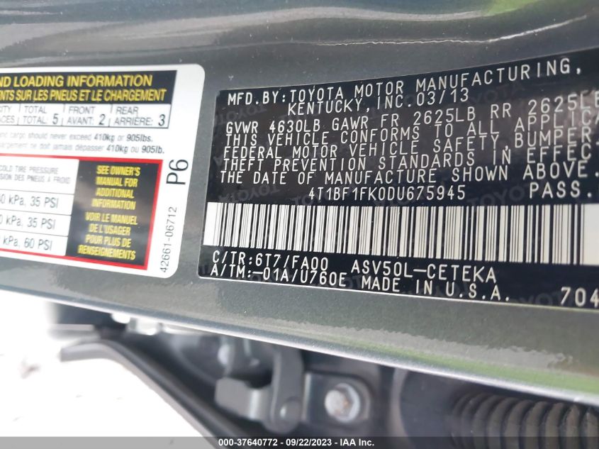 2013 TOYOTA CAMRY L/LE/SE/XLE - 4T1BF1FK0DU675945