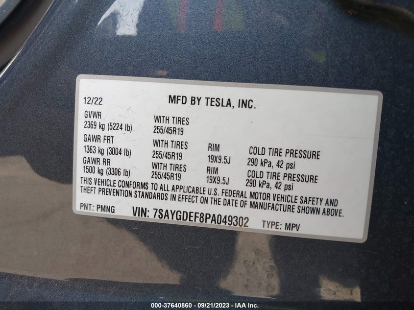VIN 7SAYGDEF8PA049302 2023 TESLA MODEL Y