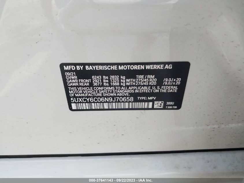2022 BMW X6 XDRIVE40I - 5UXCY6C06N9J70658