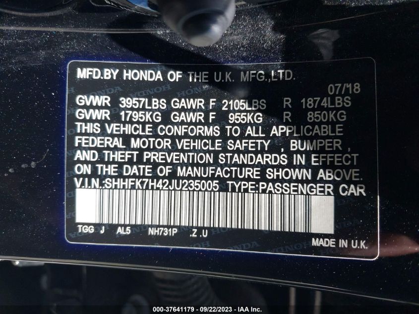 2018 HONDA CIVIC SPORT - SHHFK7H42JU235005
