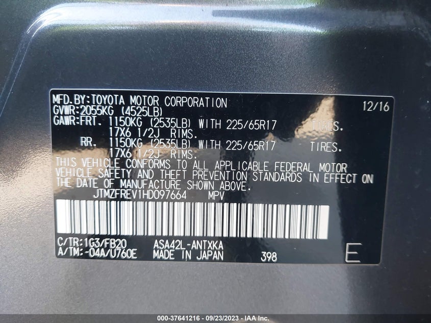 VIN JTMZFREV1HD097664 2017 TOYOTA RAV4 LE