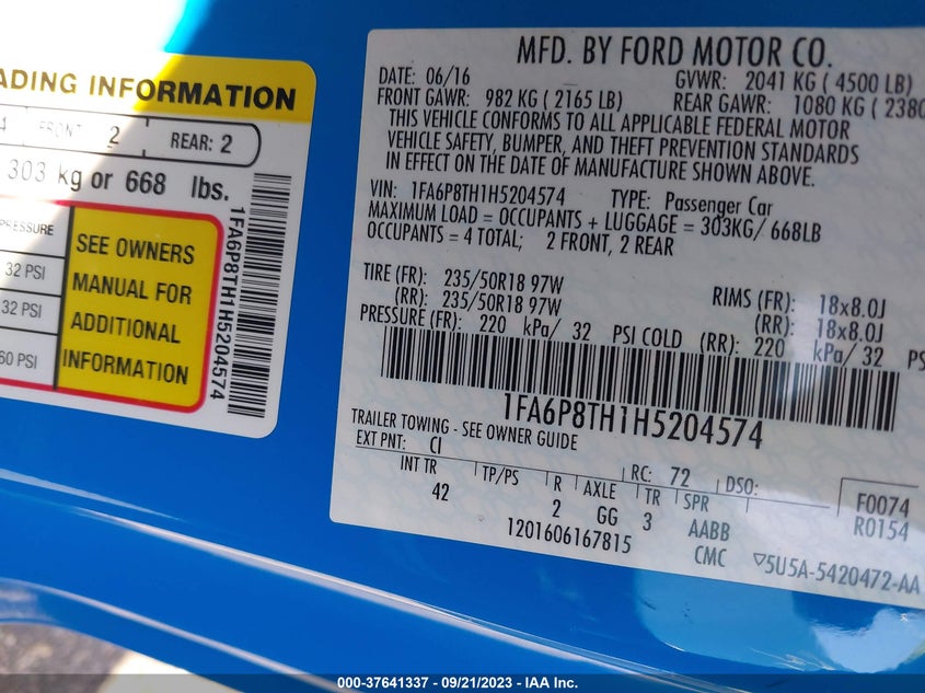 VIN 1FA6P8TH1H5204574 2017 FORD MUSTANG ECOBOOST