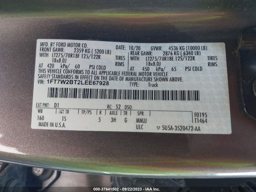 2020 FORD SUPER DUTY F-250 SRW XL/XLT/LARIAT - 1FT7W2BT2LEE67928