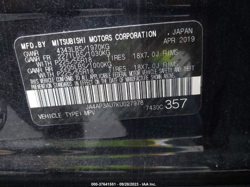 2019 MITSUBISHI OUTLANDER SPORT ES/LE/SP - JA4AP3AU7KU027978