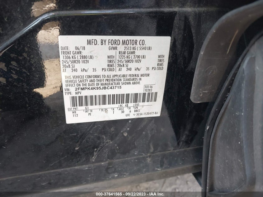 VIN 2FMPK4K95JBC43715 2018 FORD EDGE TITANIUM